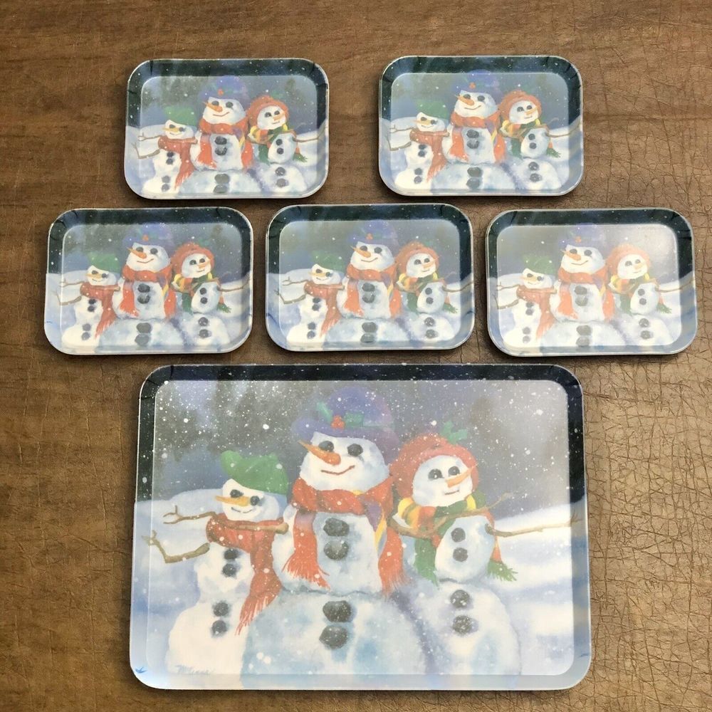 Set of 6 Keller Charles Melamine 5 Candy Dishes 1 Tray Snowman Winter Holiday